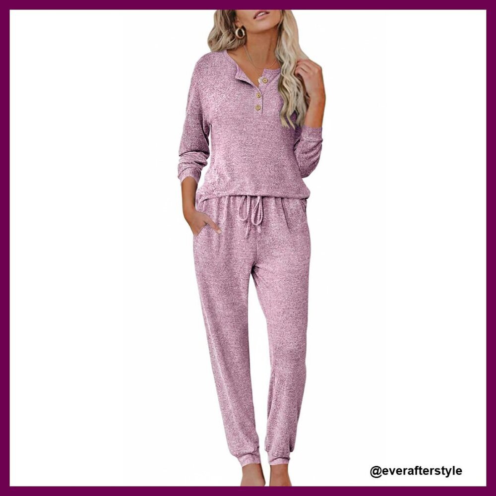 Long Sleeve Henley Pajama Set Premium Polyester Rayon Blend Cozy Loungewear
